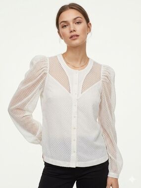 H&M White Sheer Swiss Dot Button-Up Blouse